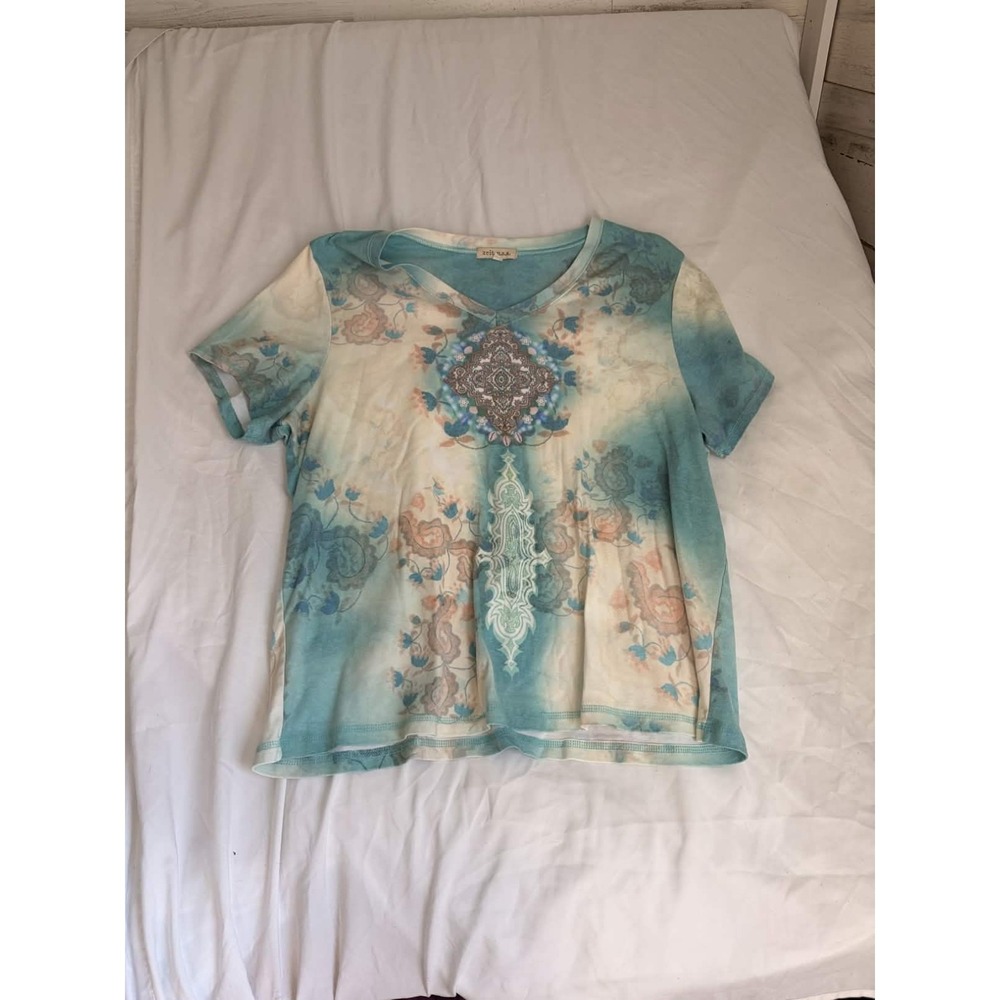 Vtgs 90s Y2K Xcit USA Womens T-Shirt 2X Blue Floral Paisley Artsy Boho Fairycore